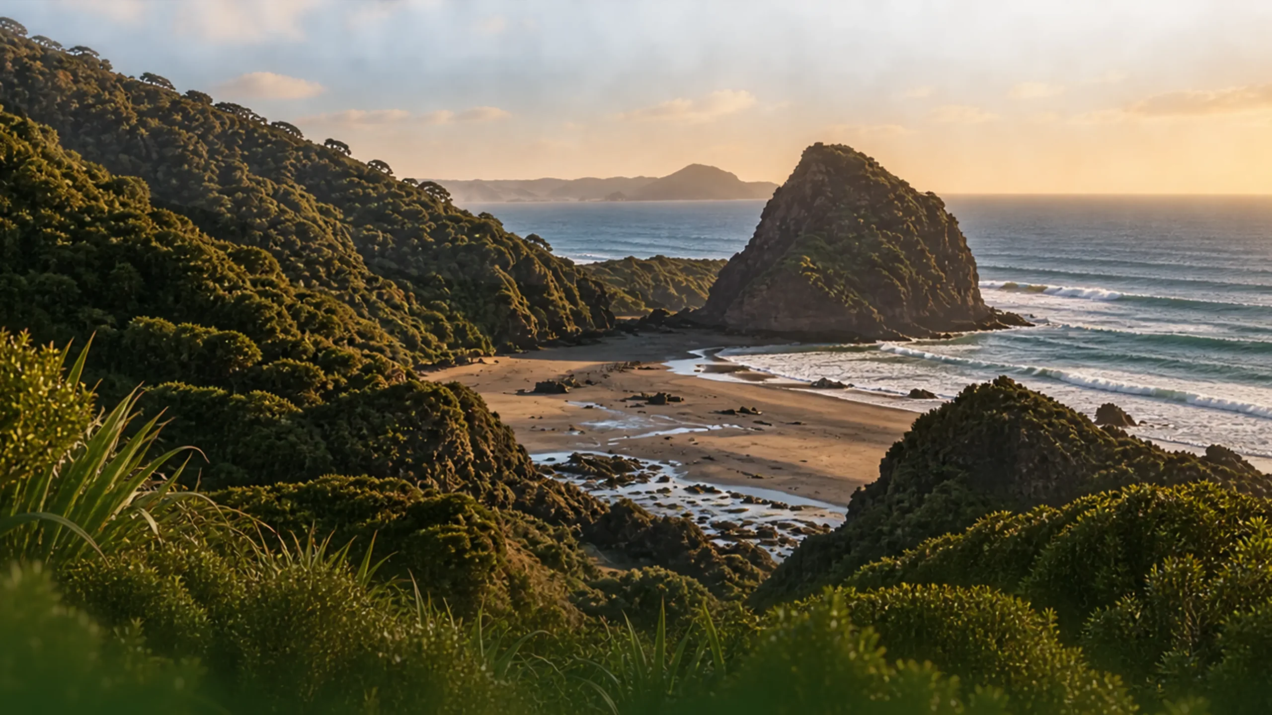 Piha coastline at sunset, West Auckland