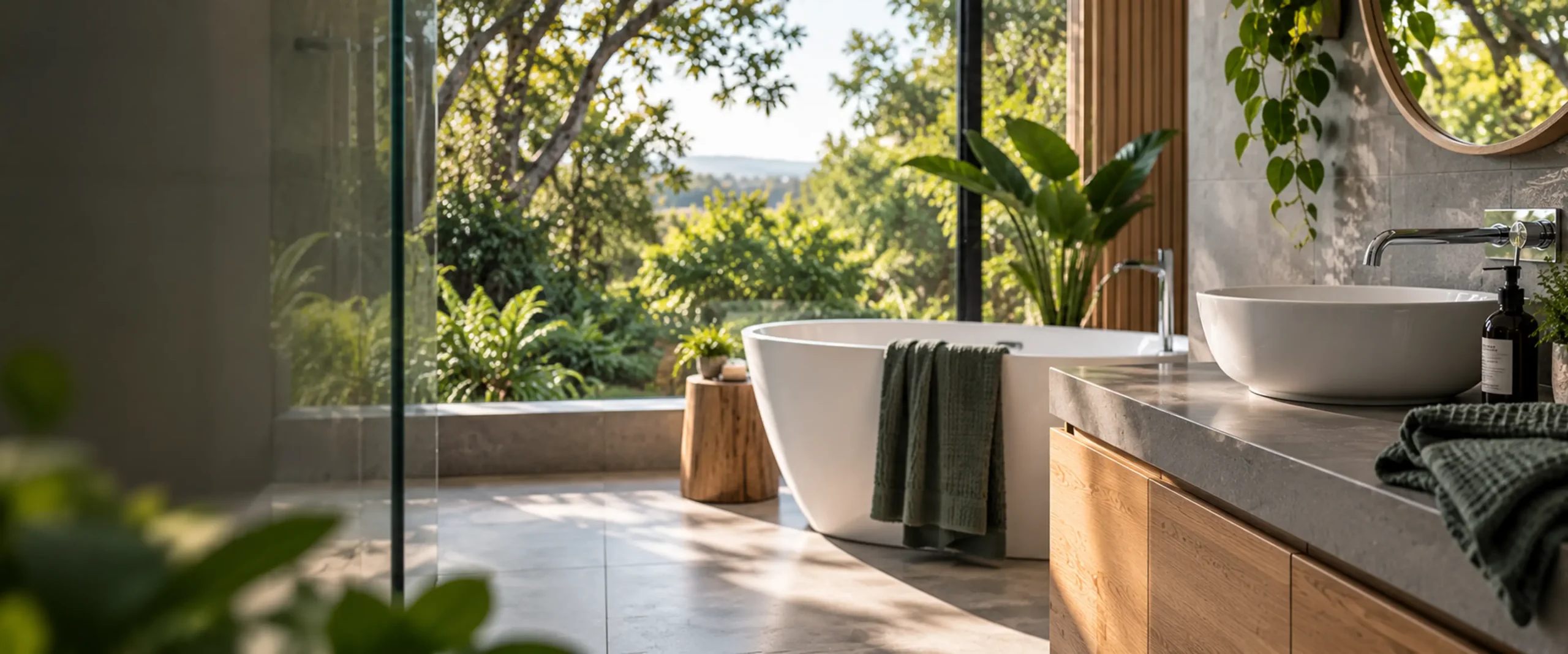 Newly renovated bathroom with bush outlook